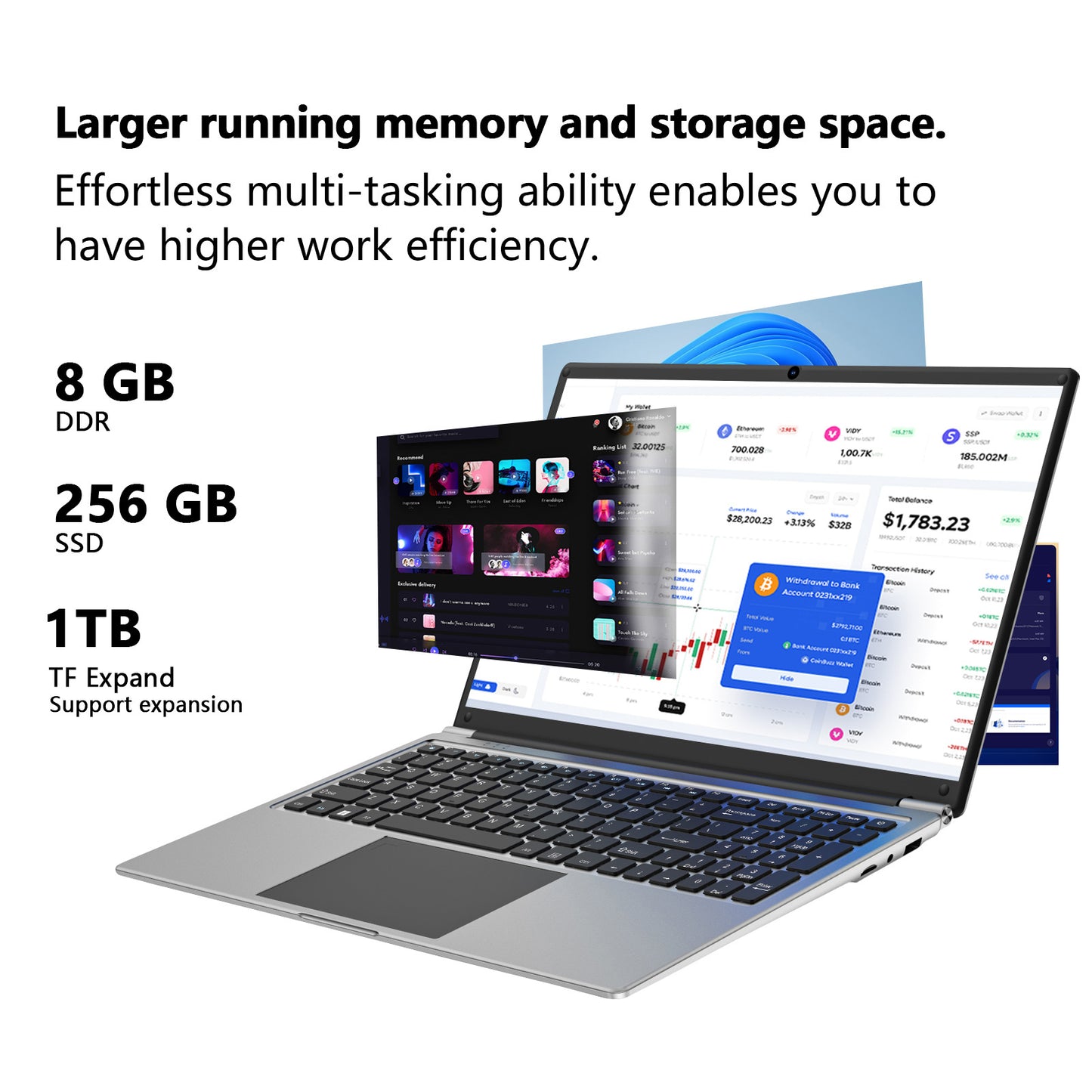 laptop 16-inch 8GB DDR 256GB SSD portable laptop computer, expandable to 1TB, AMD A9-9400 Radeon R5 CPU up to 3.2 GHz, 9000mAh battery, Numeric Keypad, USB 3.0, dual-band WiFi, webcam, slim laptops