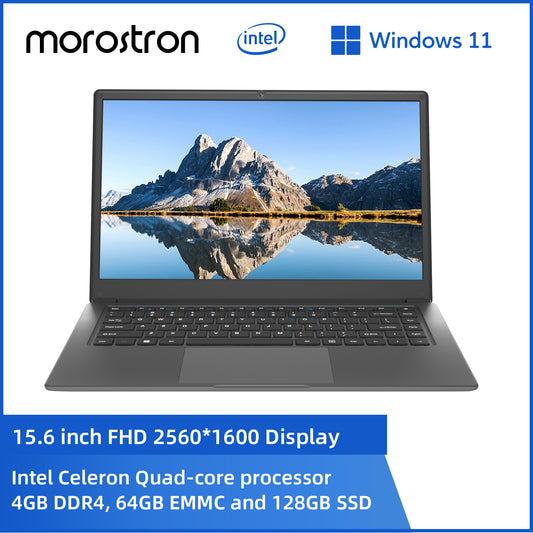 Morostron 15.6inch Laptop: Win 11, Celeron Quad-core, 4GB+128GB, FHD Display